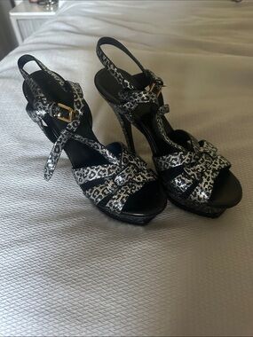 Yves Saint Laurent Black and Silver Metallic Leopard-Print Platform Sandals